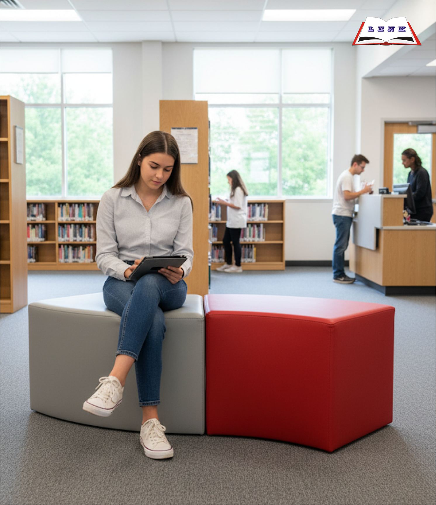 Bild Sitzlandschaft Szene öffentliche Bibliothek Sofa LoungeBS BiblioLenk Kreissegment