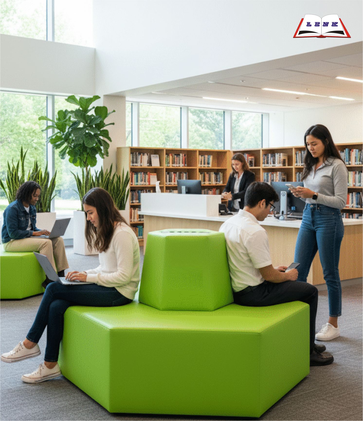 Bild Sitzlandschaft Szene öffentliche Bibliothek Sofa LoungeB6 BiblioLenk blau